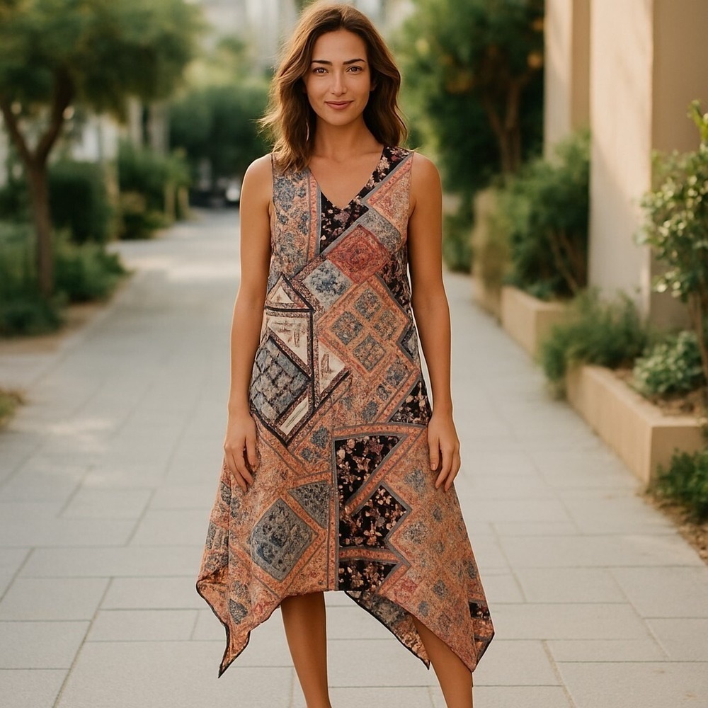 Nina Leonard Dress Womens Multicolor Patchwork Print Sleeveless Handkerchief Hem